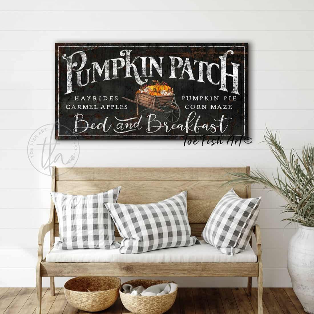 Pumpkin Patch Bed & Breakfast Sign handmade by ToeFishArt. Original, custom, personalized wall decor signs. Canvas, Wood or Metal. Rustic modern farmhouse, cottagecore, vintage, retro, industrial, Americana, primitive, country, coastal, minimalist.