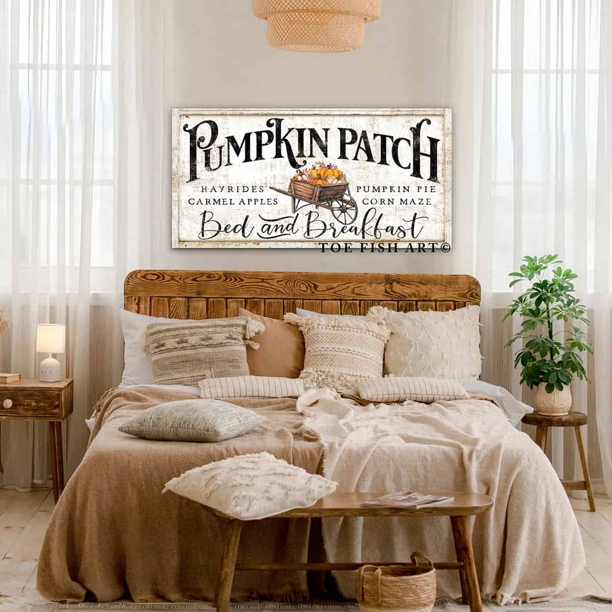 Pumpkin Patch Bed & Breakfast Sign handmade by ToeFishArt. Original, custom, personalized wall decor signs. Canvas, Wood or Metal. Rustic modern farmhouse, cottagecore, vintage, retro, industrial, Americana, primitive, country, coastal, minimalist.