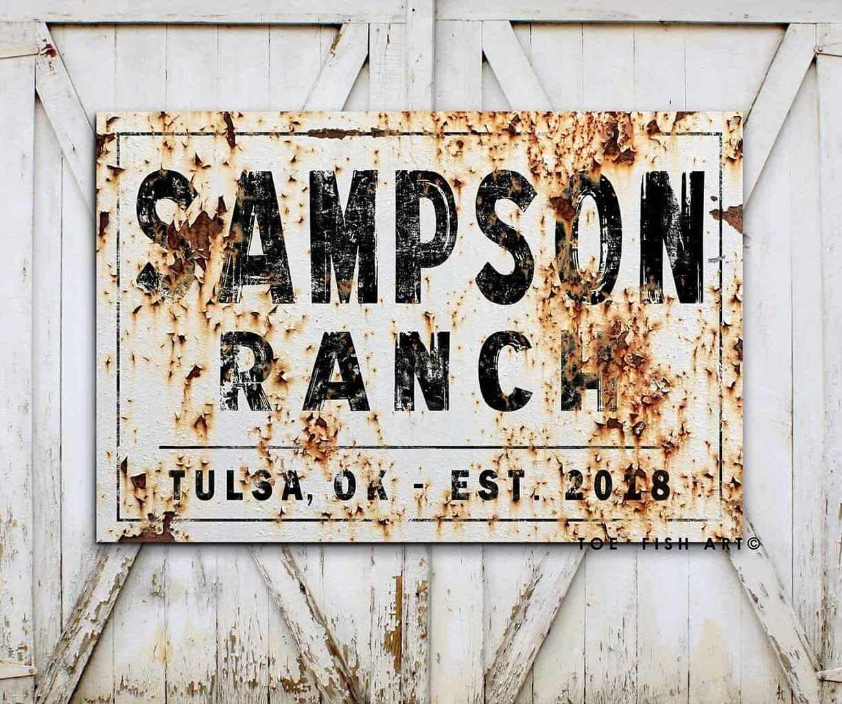 Ranch Sign handmade by ToeFishArt. Original, custom, personalized wall decor signs. Canvas, Wood or Metal. Rustic modern farmhouse, cottagecore, vintage, retro, industrial, Americana, primitive, country, coastal, minimalist.