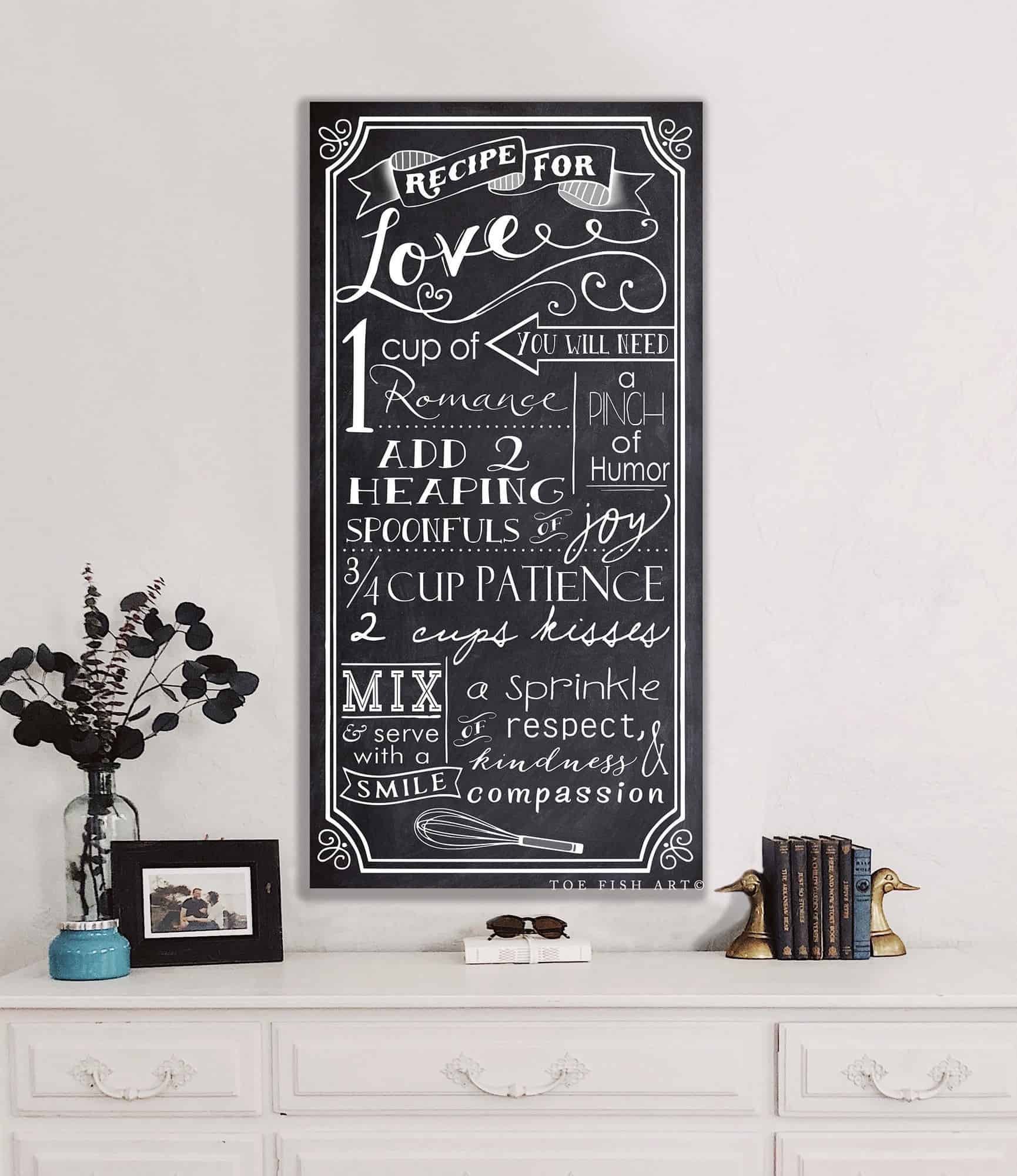 Recipe for Love Sign handmade by ToeFishArt. Original, custom, personalized wall decor signs. Canvas, Wood or Metal. Rustic modern farmhouse, cottagecore, vintage, retro, industrial, Americana, primitive, country, coastal, minimalist.