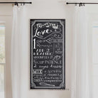 Recipe for Love Sign handmade by ToeFishArt. Original, custom, personalized wall decor signs. Canvas, Wood or Metal. Rustic modern farmhouse, cottagecore, vintage, retro, industrial, Americana, primitive, country, coastal, minimalist.