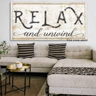 Relax and Unwind Sign handmade by ToeFishArt. Original, custom, personalized wall decor signs. Canvas, Wood or Metal. Rustic modern farmhouse, cottagecore, vintage, retro, industrial, Americana, primitive, country, coastal, minimalist.