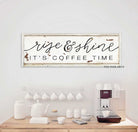Rise and Shine It's Coffee Time Sign handmade by ToeFishArt. Original, custom, personalized wall decor signs. Canvas, Wood or Metal. Rustic modern farmhouse, cottagecore, vintage, retro, industrial, Americana, primitive, country, coastal, minimalist.