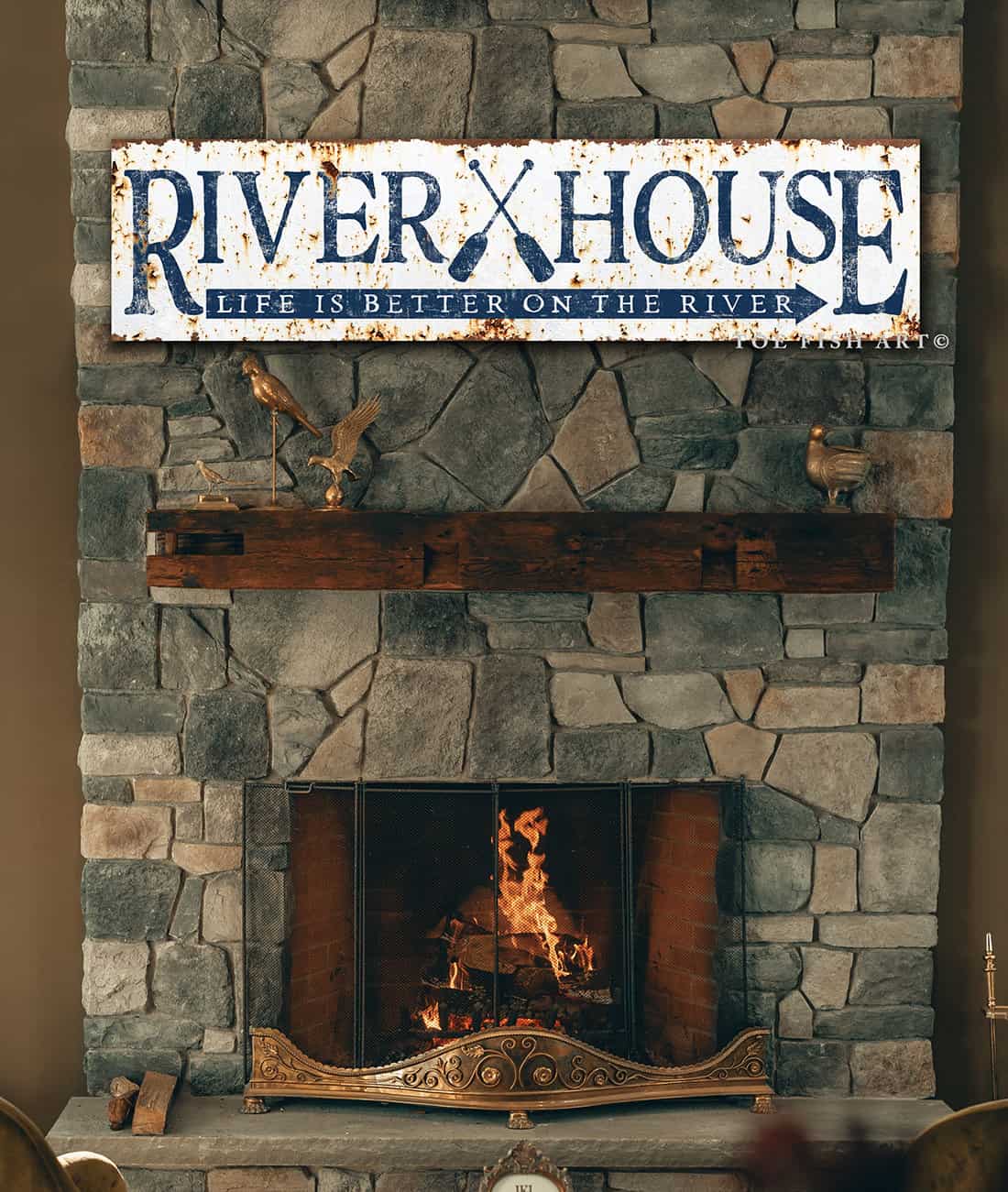 River House Sign Life is Better Rustic Style handmade by ToeFishArt. Original, custom, personalized wall decor signs. Canvas, Wood or Metal. Rustic modern farmhouse, cottagecore, vintage, retro, industrial, Americana, primitive, country, coastal, minimalist.