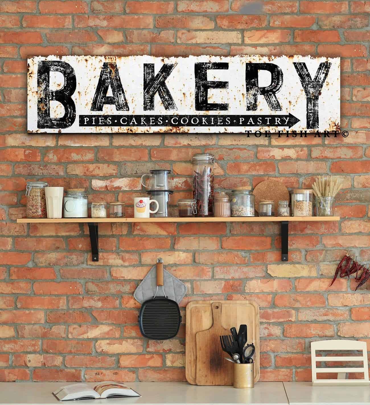 Rustic Bakery Sign Pies Cakes Cookies Pastry handmade by ToeFishArt. Original, custom, personalized wall decor signs. Canvas, Wood or Metal. Rustic modern farmhouse, cottagecore, vintage, retro, industrial, Americana, primitive, country, coastal, minimalist.