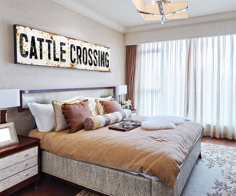 Rustic Cattle Crossing Sign handmade by ToeFishArt. Original, custom, personalized wall decor signs. Canvas, Wood or Metal. Rustic modern farmhouse, cottagecore, vintage, retro, industrial, Americana, primitive, country, coastal, minimalist.