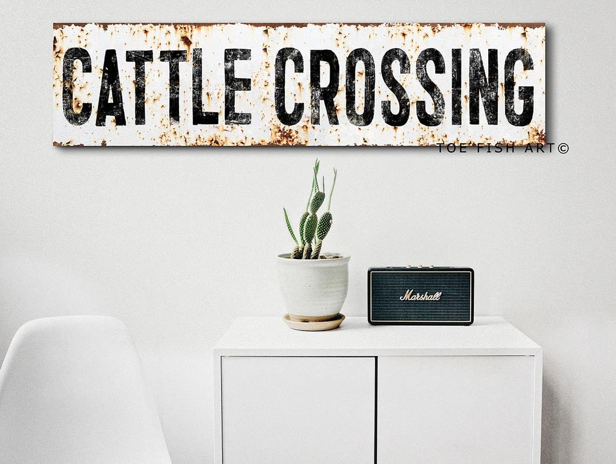 Rustic Cattle Crossing Sign handmade by ToeFishArt. Original, custom, personalized wall decor signs. Canvas, Wood or Metal. Rustic modern farmhouse, cottagecore, vintage, retro, industrial, Americana, primitive, country, coastal, minimalist.