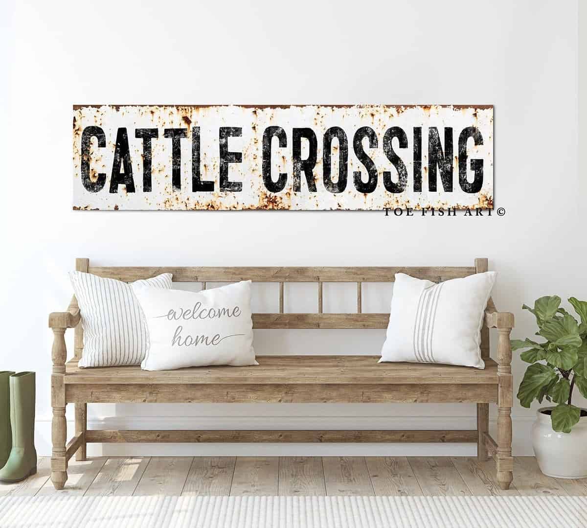 Rustic Cattle Crossing Sign handmade by ToeFishArt. Original, custom, personalized wall decor signs. Canvas, Wood or Metal. Rustic modern farmhouse, cottagecore, vintage, retro, industrial, Americana, primitive, country, coastal, minimalist.