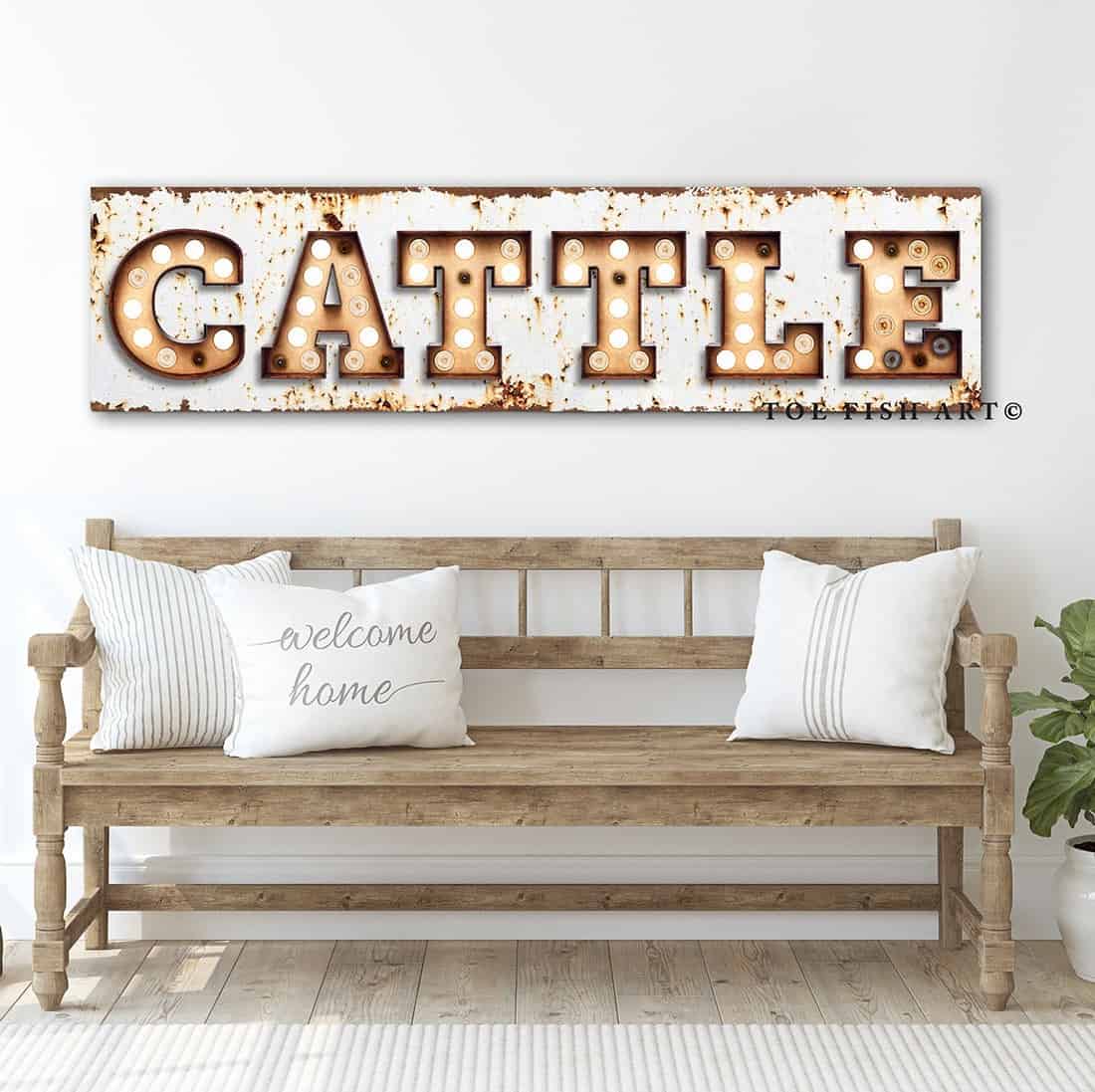 Rustic Cattle "Marquee"-Style Sign handmade by ToeFishArt. Original, custom, personalized wall decor signs. Canvas, Wood or Metal. Rustic modern farmhouse, cottagecore, vintage, retro, industrial, Americana, primitive, country, coastal, minimalist.