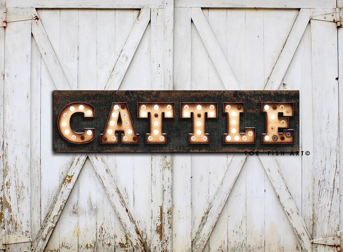 Rustic Cattle "Marquee"-Style Sign handmade by ToeFishArt. Original, custom, personalized wall decor signs. Canvas, Wood or Metal. Rustic modern farmhouse, cottagecore, vintage, retro, industrial, Americana, primitive, country, coastal, minimalist.