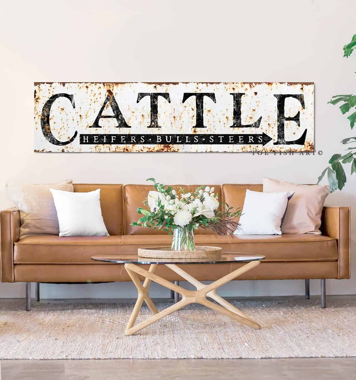 Rustic Cattle Sign Heifers Bulls Steers handmade by ToeFishArt. Original, custom, personalized wall decor signs. Canvas, Wood or Metal. Rustic modern farmhouse, cottagecore, vintage, retro, industrial, Americana, primitive, country, coastal, minimalist.