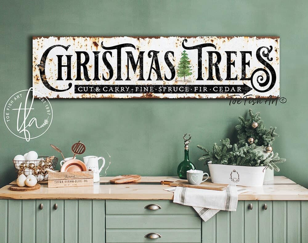 Rustic Christmas Trees Sign Cut & Carry handmade by ToeFishArt. Original, custom, personalized wall decor signs. Canvas, Wood or Metal. Rustic modern farmhouse, cottagecore, vintage, retro, industrial, Americana, primitive, country, coastal, minimalist.