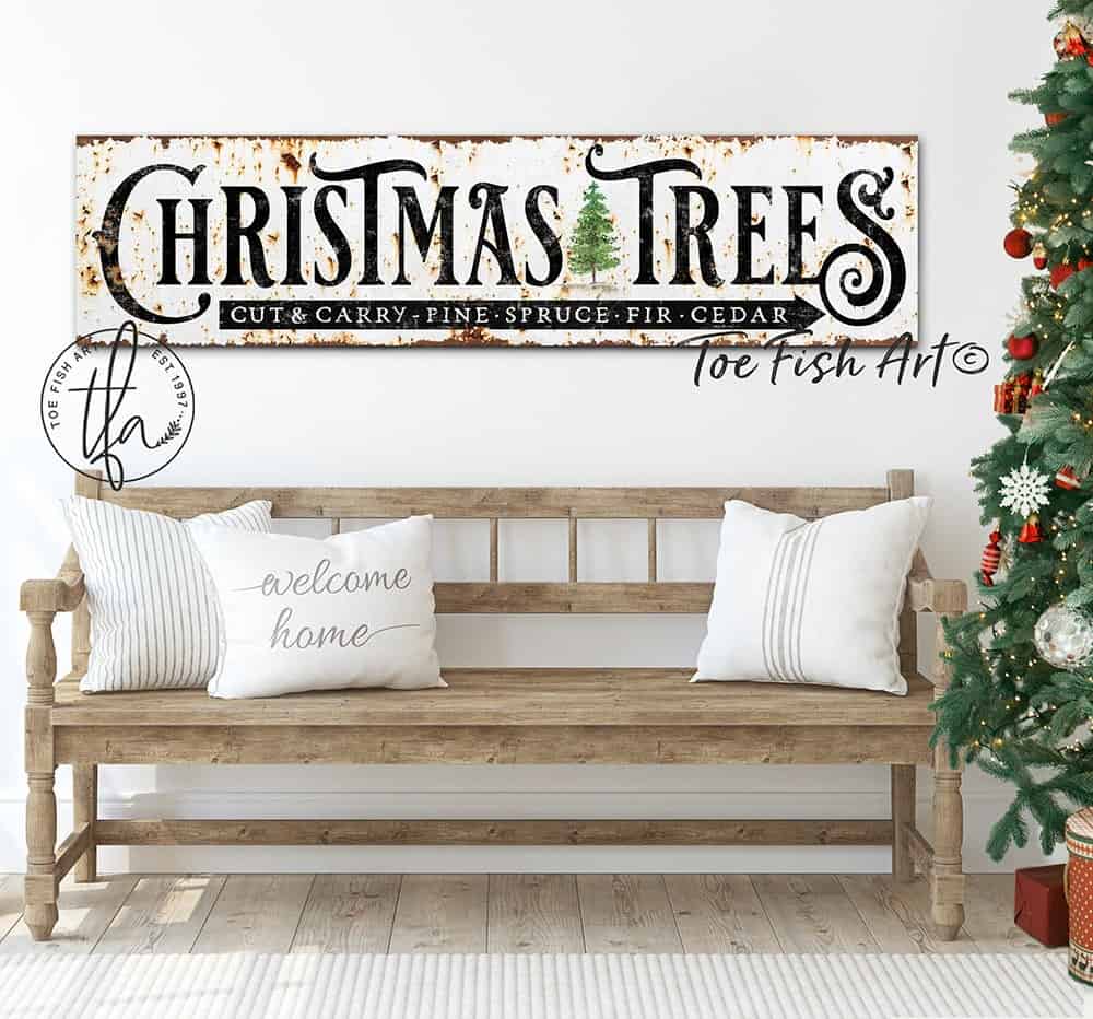 Rustic Christmas Trees Sign Cut & Carry handmade by ToeFishArt. Original, custom, personalized wall decor signs. Canvas, Wood or Metal. Rustic modern farmhouse, cottagecore, vintage, retro, industrial, Americana, primitive, country, coastal, minimalist.
