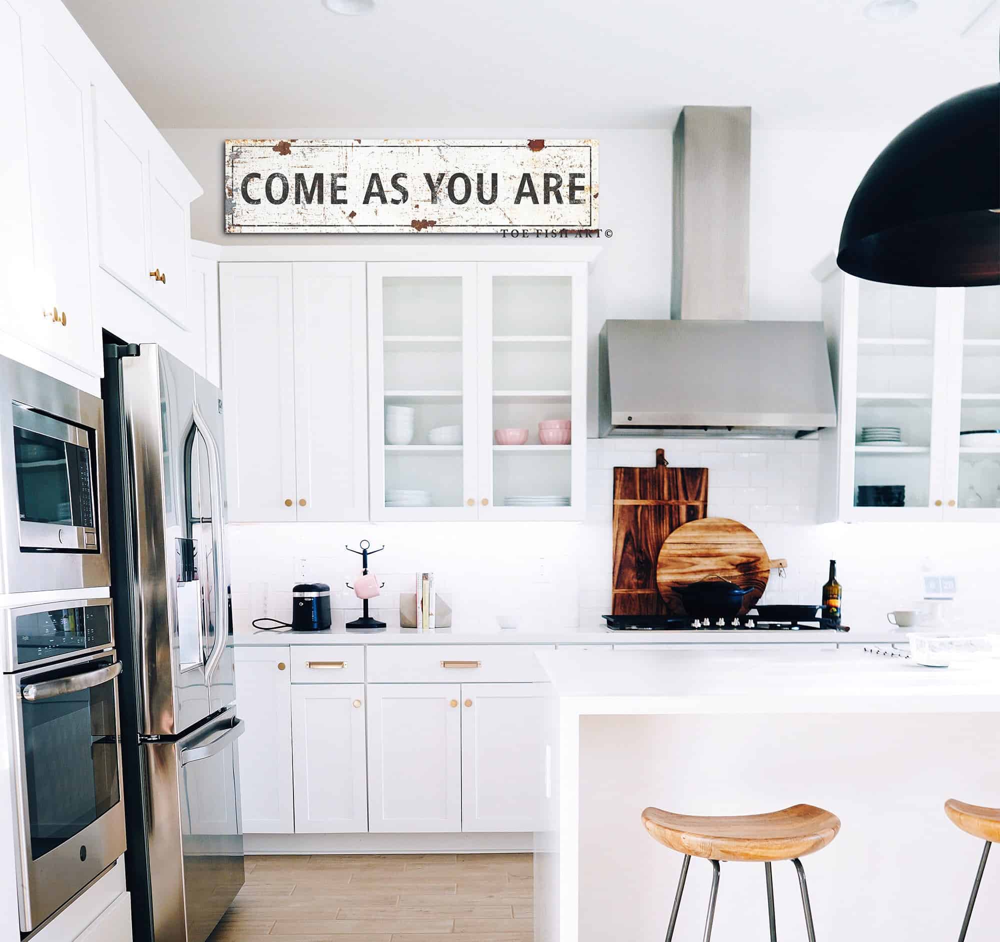 Rustic Come As You Are Sign handmade by ToeFishArt. Original, custom, personalized wall decor signs. Canvas, Wood or Metal. Rustic modern farmhouse, cottagecore, vintage, retro, industrial, Americana, primitive, country, coastal, minimalist.