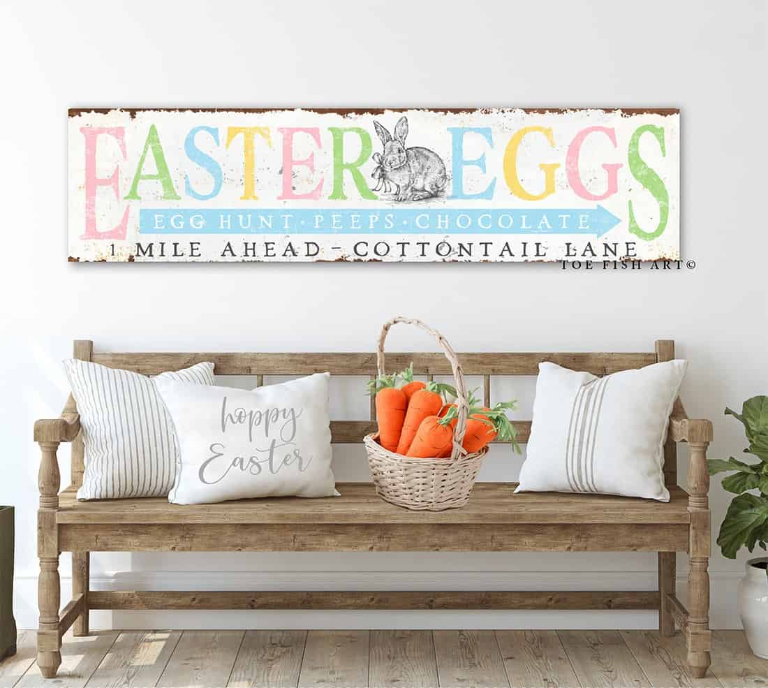 Rustic Easter Eggs Sign Egg Hunt Cottontail Lane handmade by ToeFishArt. Original, custom, personalized wall decor signs. Canvas, Wood or Metal. Rustic modern farmhouse, cottagecore, vintage, retro, industrial, Americana, primitive, country, coastal, minimalist.