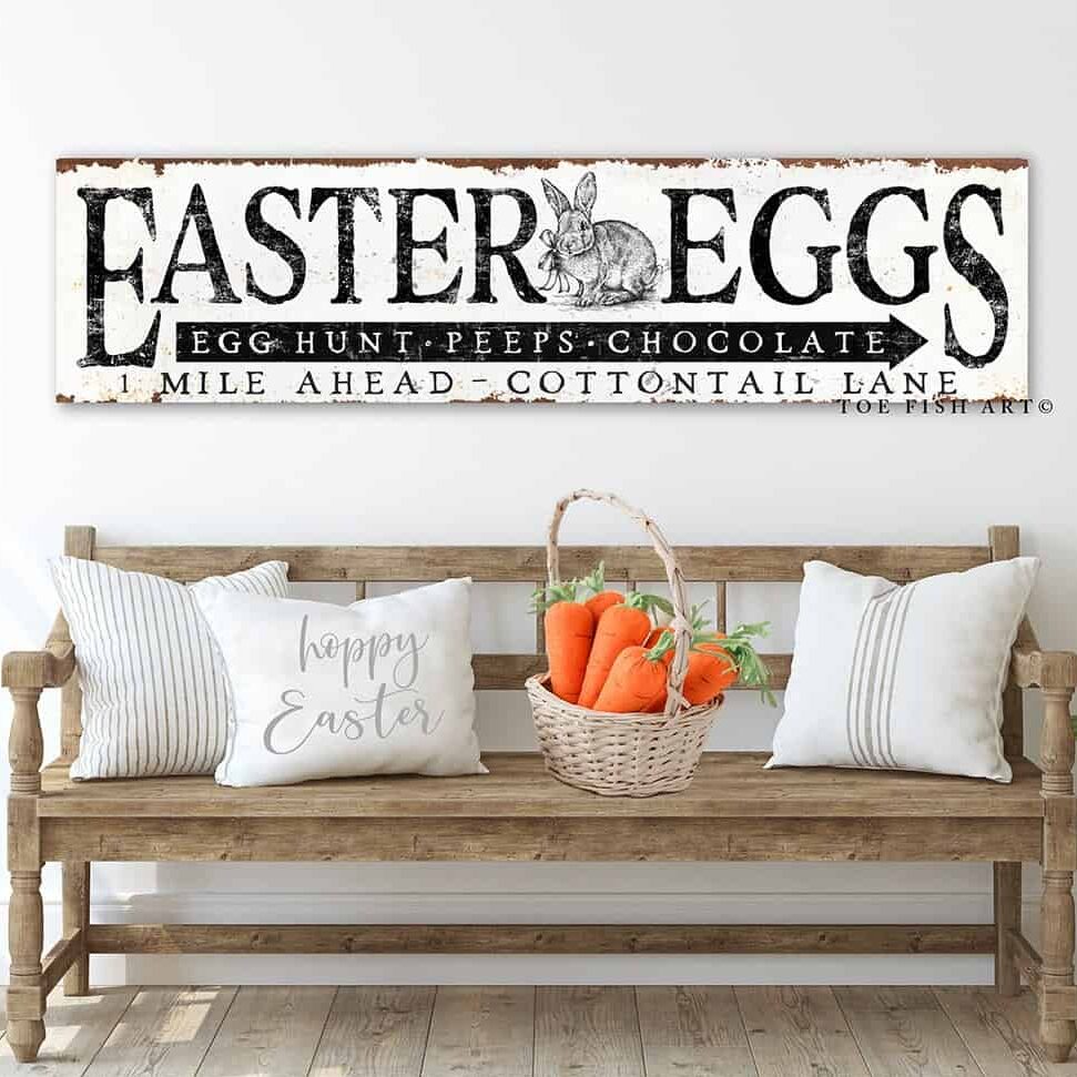 Rustic Easter Eggs Sign Egg Hunt Cottontail Lane handmade by ToeFishArt. Original, custom, personalized wall decor signs. Canvas, Wood or Metal. Rustic modern farmhouse, cottagecore, vintage, retro, industrial, Americana, primitive, country, coastal, minimalist.