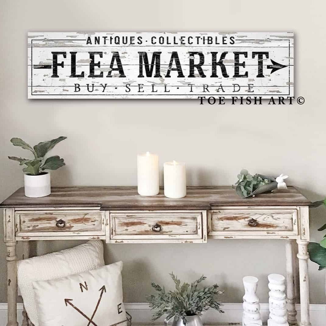Rustic Flea Market Sign Buy Sell Trade handmade by ToeFishArt. Original, custom, personalized wall decor signs. Canvas, Wood or Metal. Rustic modern farmhouse, cottagecore, vintage, retro, industrial, Americana, primitive, country, coastal, minimalist.