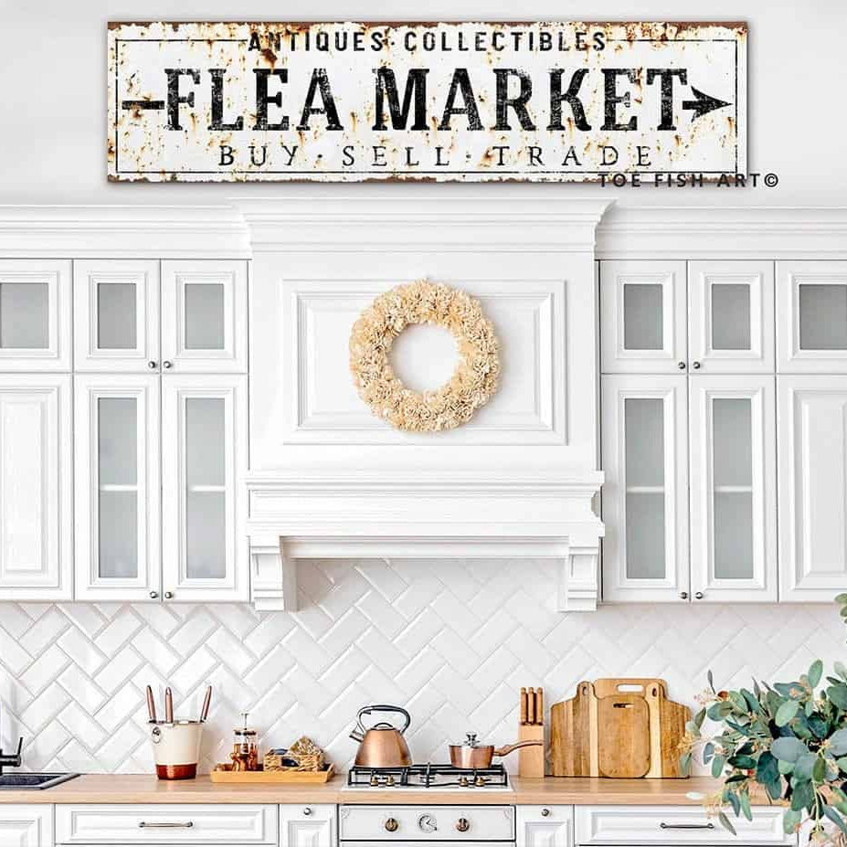 Rustic Flea Market Sign Buy Sell Trade handmade by ToeFishArt. Original, custom, personalized wall decor signs. Canvas, Wood or Metal. Rustic modern farmhouse, cottagecore, vintage, retro, industrial, Americana, primitive, country, coastal, minimalist.