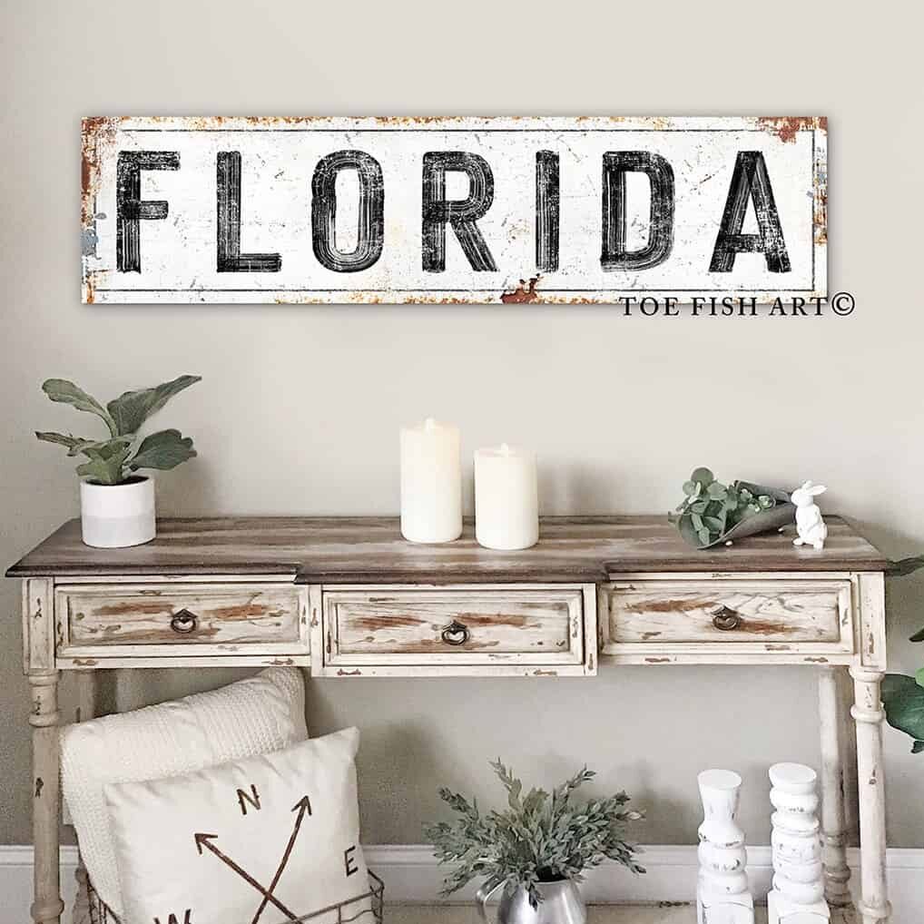Rustic Home State Sign handmade by ToeFishArt. Original, custom, personalized wall decor signs. Canvas, Wood or Metal. Rustic modern farmhouse, cottagecore, vintage, retro, industrial, Americana, primitive, country, coastal, minimalist.