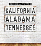 Rustic Home State Sign handmade by ToeFishArt. Original, custom, personalized wall decor signs. Canvas, Wood or Metal. Rustic modern farmhouse, cottagecore, vintage, retro, industrial, Americana, primitive, country, coastal, minimalist.