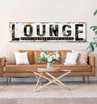 Rustic Lounge Sign for bar, theater, game room, living room, mancave handmade by ToeFishArt. Original, custom, personalized wall decor signs. Canvas, Wood or Metal. Rustic modern farmhouse, cottagecore, vintage, retro, industrial, Americana, primitive, country, coastal, minimalist.