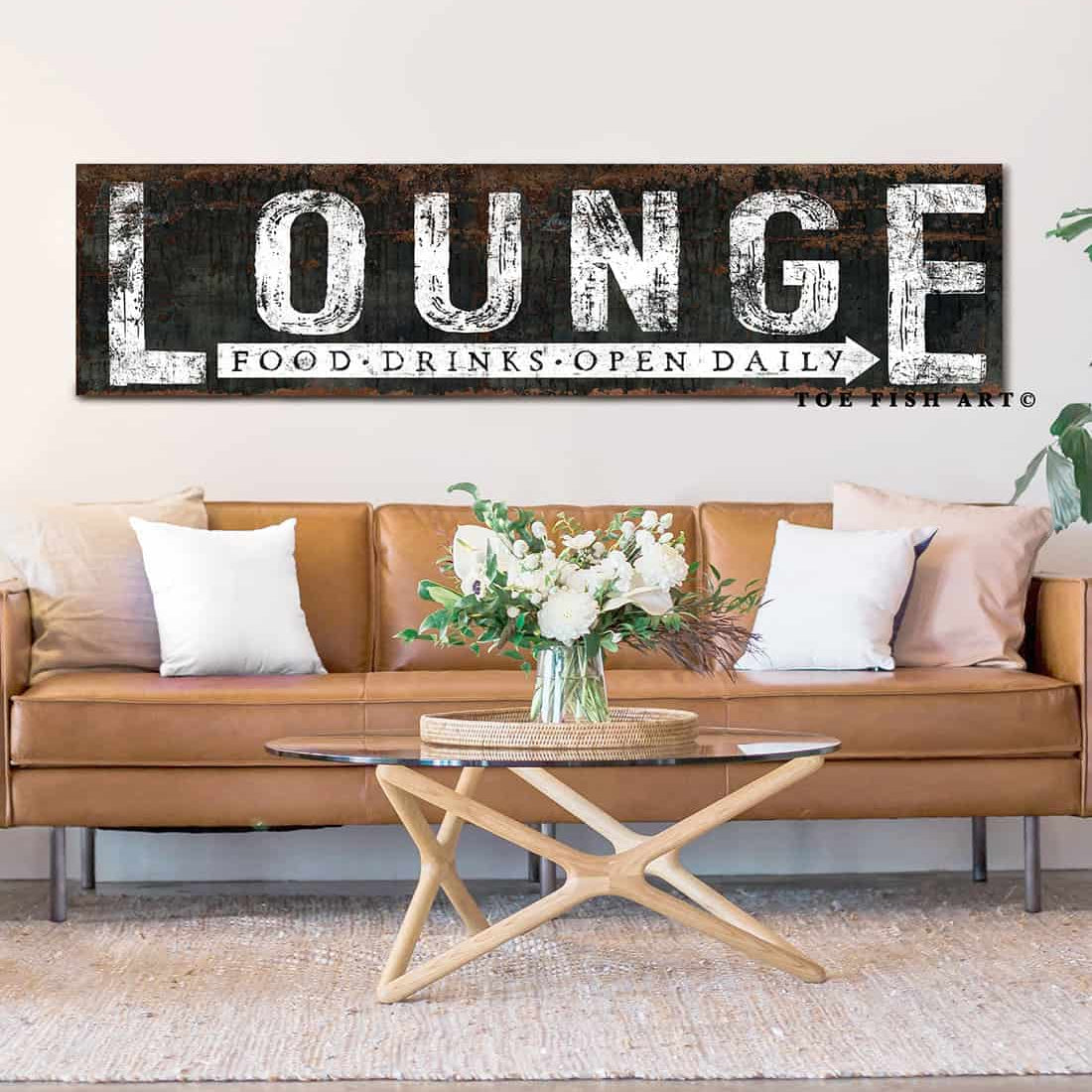 Rustic Lounge Sign for bar, theater, game room, living room, mancave handmade by ToeFishArt. Original, custom, personalized wall decor signs. Canvas, Wood or Metal. Rustic modern farmhouse, cottagecore, vintage, retro, industrial, Americana, primitive, country, coastal, minimalist.