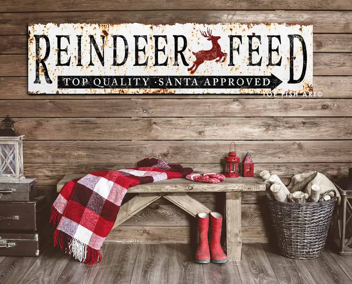 Rustic Reindeer Feed Sign Santa Approved handmade by ToeFishArt. Original, custom, personalized wall decor signs. Canvas, Wood or Metal. Rustic modern farmhouse, cottagecore, vintage, retro, industrial, Americana, primitive, country, coastal, minimalist.