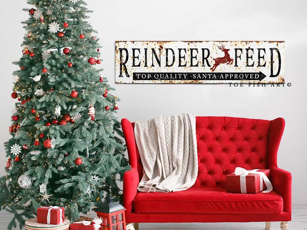 Rustic Reindeer Feed Sign Santa Approved handmade by ToeFishArt. Original, custom, personalized wall decor signs. Canvas, Wood or Metal. Rustic modern farmhouse, cottagecore, vintage, retro, industrial, Americana, primitive, country, coastal, minimalist.