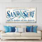 Sand & Surf Sign handmade by ToeFishArt. Original, custom, personalized wall decor signs. Canvas, Wood or Metal. Rustic modern farmhouse, cottagecore, vintage, retro, industrial, Americana, primitive, country, coastal, minimalist.