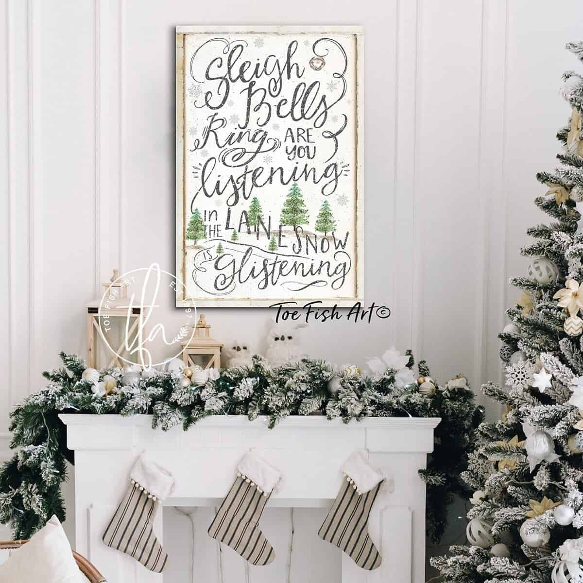 Sleigh Bells Ring Sign handmade by ToeFishArt. Original, custom, personalized wall decor signs. Canvas, Wood or Metal. Rustic modern farmhouse, cottagecore, vintage, retro, industrial, Americana, primitive, country, coastal, minimalist.