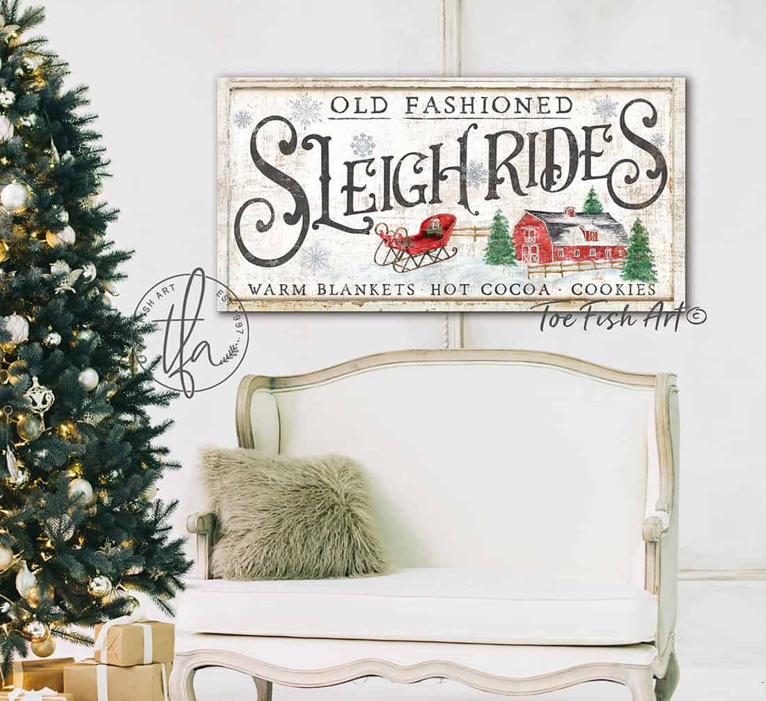Sleigh Rides Sign handmade by ToeFishArt. Original, custom, personalized wall decor signs. Canvas, Wood or Metal. Rustic modern farmhouse, cottagecore, vintage, retro, industrial, Americana, primitive, country, coastal, minimalist.