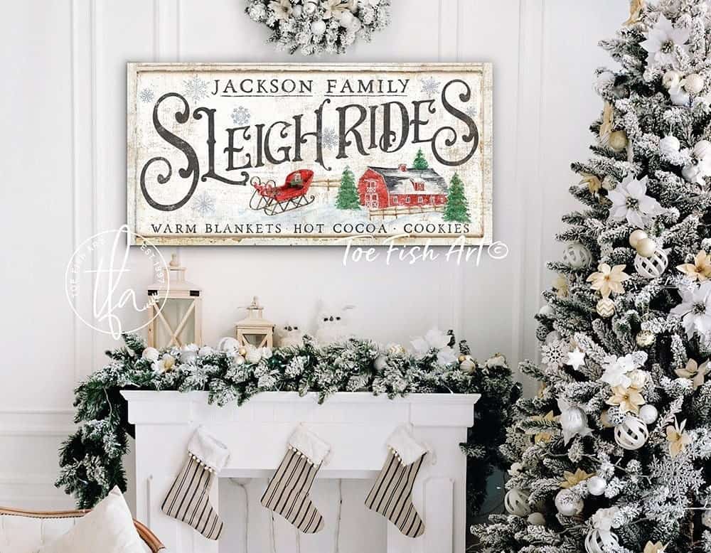 Sleigh Rides Sign handmade by ToeFishArt. Original, custom, personalized wall decor signs. Canvas, Wood or Metal. Rustic modern farmhouse, cottagecore, vintage, retro, industrial, Americana, primitive, country, coastal, minimalist.