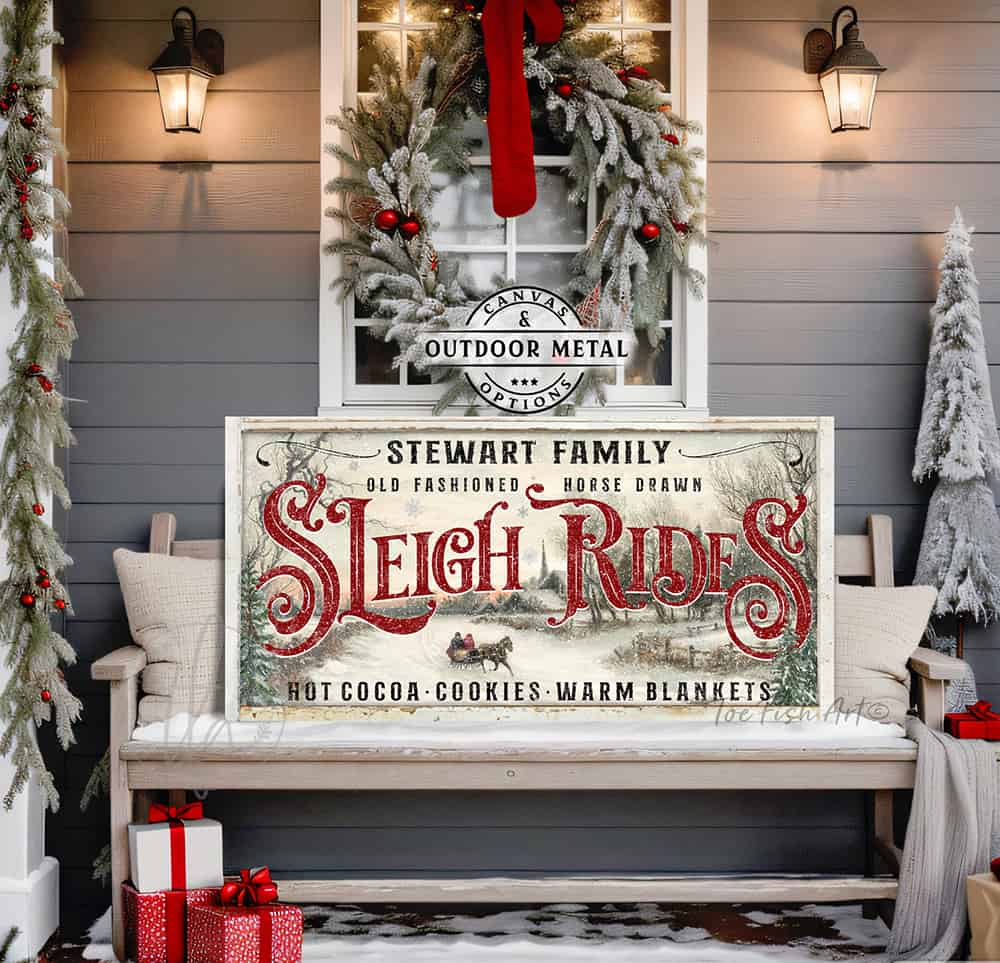 Old Fashioned Horse Drawn Sleigh Rides Sign painting personalized family name canvas or outdoor metal for exterior Christmas decoration holiday curb appeal nostalgic winter seasonal artwork wall decor handmade in the USA by the Toe Fish Art family artists. Original, custom, personalized wall decor signs. Canvas, Wood or Metal. Rustic modern farmhouse, cottagecore, vintage, retro, industrial, Americana, primitive, country, coastal, minimalist.