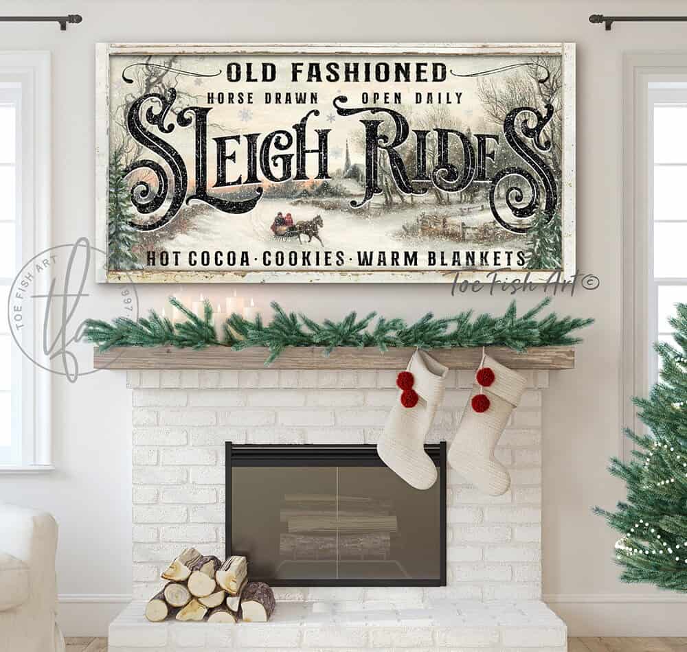 Sleigh Rides Sign Rustic Christmas Decor Modern Farmhouse Wall Decor Vintage Holiday Wall Art Personalized handmade by ToeFishArt. Original, custom, personalized wall decor signs. Canvas, Wood or Metal. Rustic modern farmhouse, cottagecore, vintage, retro, industrial, Americana, primitive, country, coastal, minimalist.