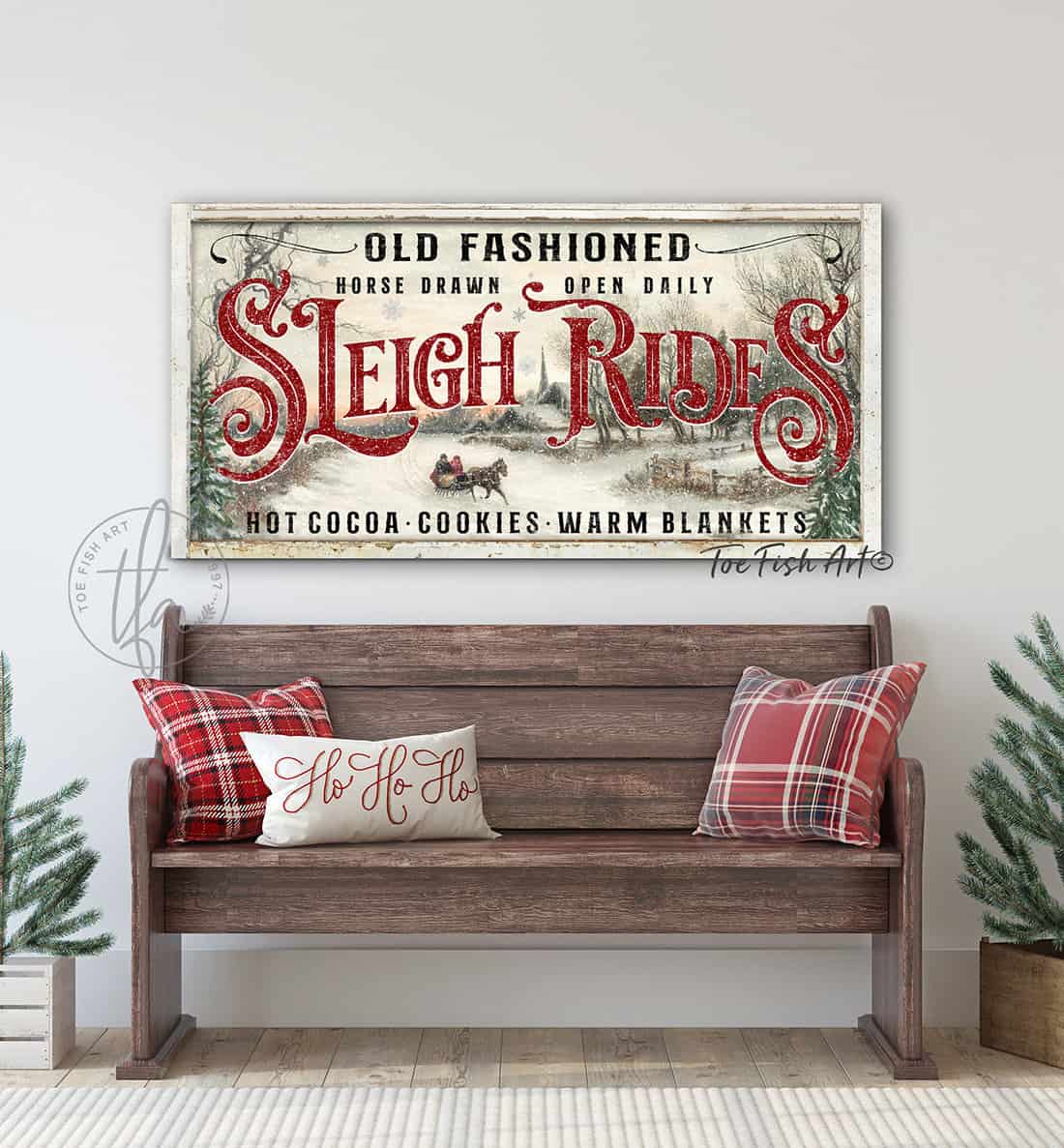 Sleigh Rides Sign Rustic Christmas Decor Modern Farmhouse Wall Decor Vintage Holiday Wall Art Personalized handmade by ToeFishArt. Original, custom, personalized wall decor signs. Canvas, Wood or Metal. Rustic modern farmhouse, cottagecore, vintage, retro, industrial, Americana, primitive, country, coastal, minimalist.