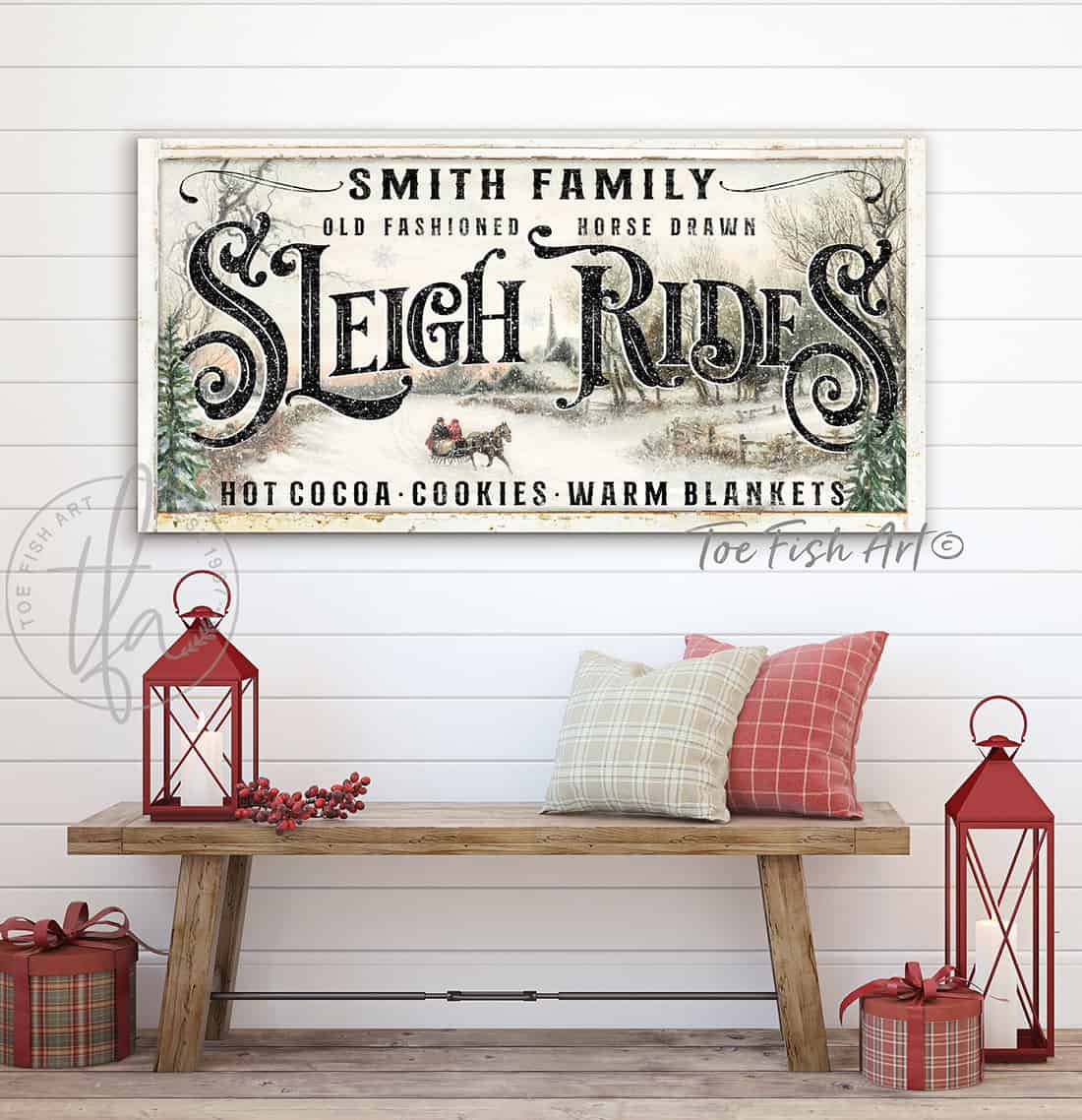 Sleigh Rides Sign Rustic Christmas Decor Modern Farmhouse Wall Decor Vintage Holiday Wall Art Personalized handmade by ToeFishArt. Original, custom, personalized wall decor signs. Canvas, Wood or Metal. Rustic modern farmhouse, cottagecore, vintage, retro, industrial, Americana, primitive, country, coastal, minimalist.