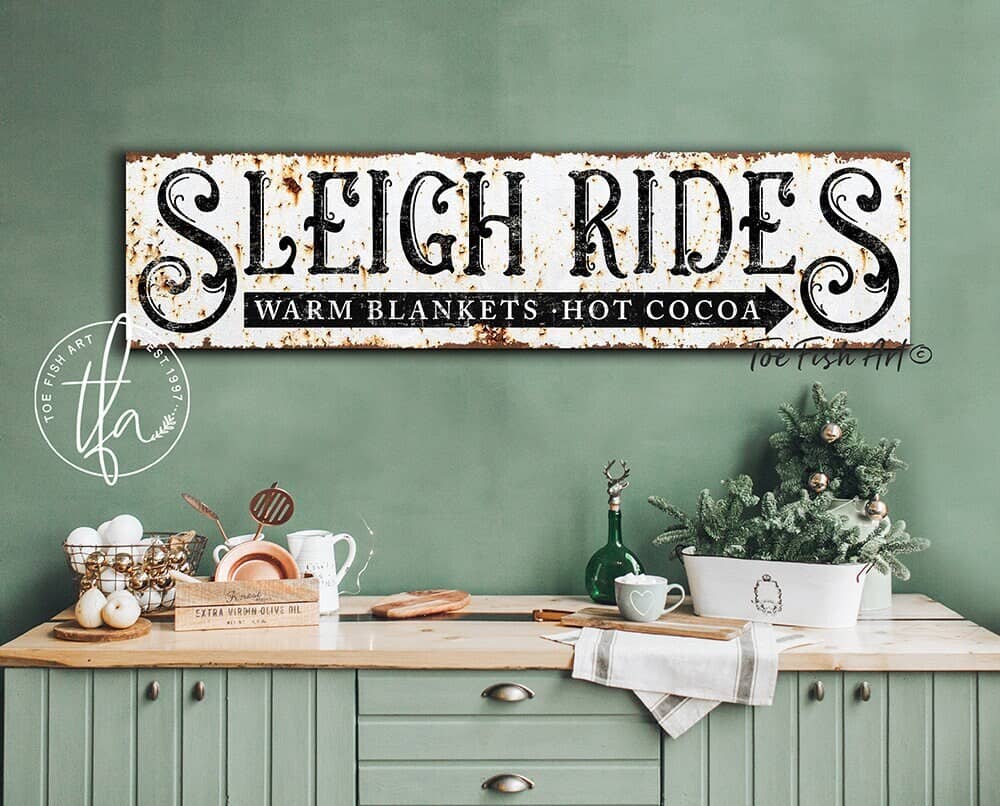 Sleigh Rides Sign Warm Blankets Hot Cocoa Rustic Style handmade by ToeFishArt. Original, custom, personalized wall decor signs. Canvas, Wood or Metal. Rustic modern farmhouse, cottagecore, vintage, retro, industrial, Americana, primitive, country, coastal, minimalist.