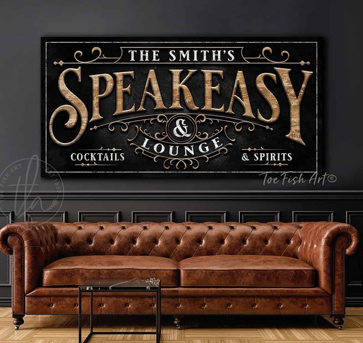 Speakeasy & Lounge Personalized Name Sign, Vintage Roaring 1920s Parisian Inspired Gatsby Style Wall Décor handmade by ToeFishArt. Original, custom, personalized wall decor signs. Canvas, Wood or Metal. Rustic modern farmhouse, cottagecore, vintage, retro, industrial, Americana, primitive, country, coastal, minimalist.