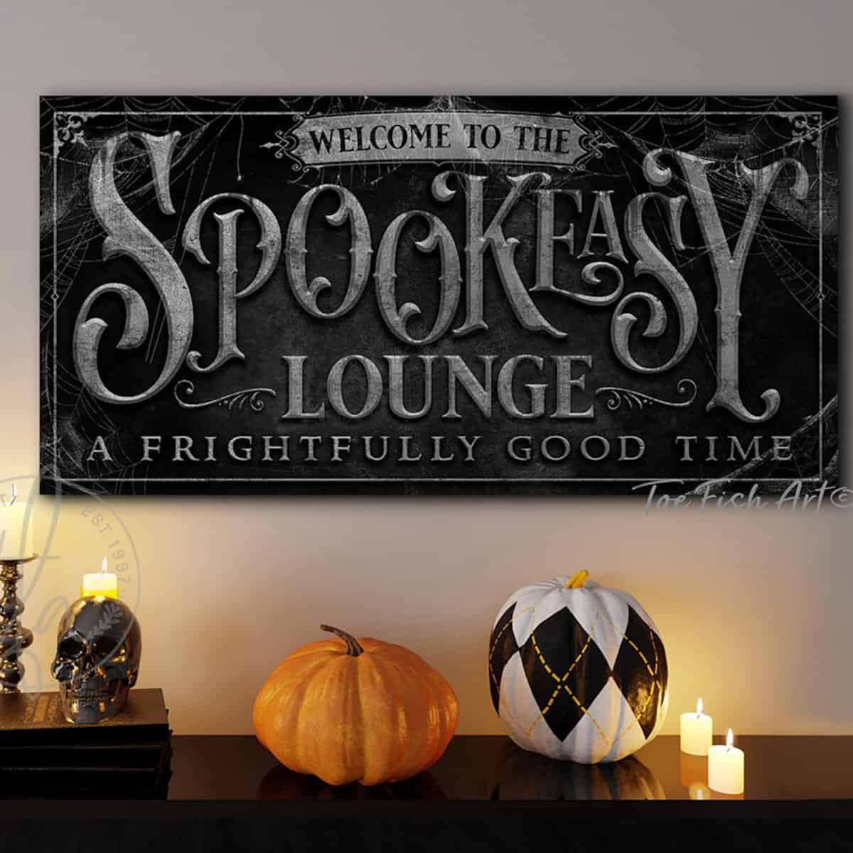 Spookeasy Lounge Personalized Halloween Decoration Sign with Custom Options handmade by ToeFishArt. Original, custom, personalized wall decor signs. Canvas, Wood or Metal. Rustic modern farmhouse, cottagecore, vintage, retro, industrial, Americana, primitive, country, coastal, minimalist.