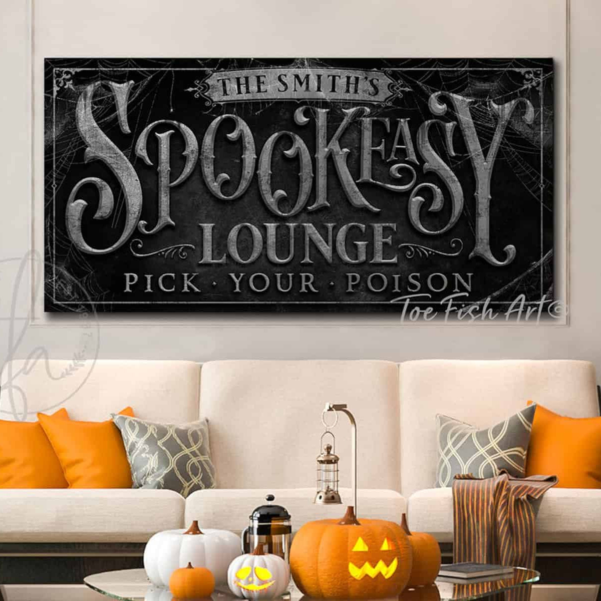Spookeasy Lounge Personalized Halloween Decoration Sign with Custom Options handmade by ToeFishArt. Original, custom, personalized wall decor signs. Canvas, Wood or Metal. Rustic modern farmhouse, cottagecore, vintage, retro, industrial, Americana, primitive, country, coastal, minimalist.