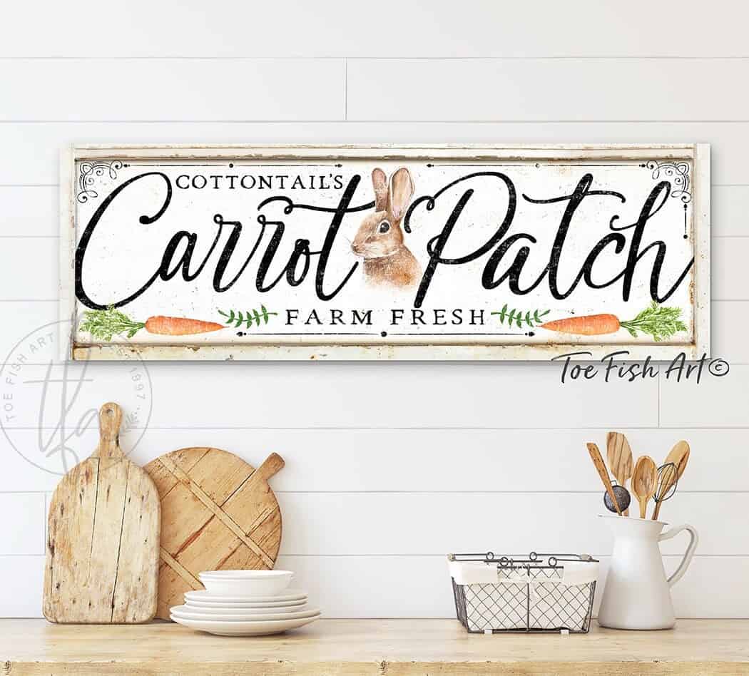 Spring Decor Easter Decoration Cottontail's Carrot Patch Wall Art handmade by ToeFishArt. Original, custom, personalized wall decor signs. Canvas, Wood or Metal. Rustic modern farmhouse, cottagecore, vintage, retro, industrial, Americana, primitive, country, coastal, minimalist.
