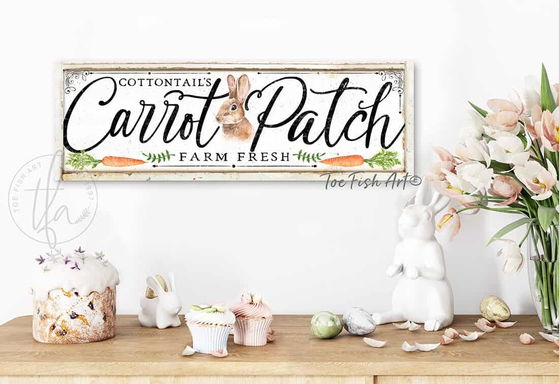 Spring Decor Easter Decoration Cottontail's Carrot Patch Wall Art handmade by ToeFishArt. Original, custom, personalized wall decor signs. Canvas, Wood or Metal. Rustic modern farmhouse, cottagecore, vintage, retro, industrial, Americana, primitive, country, coastal, minimalist.