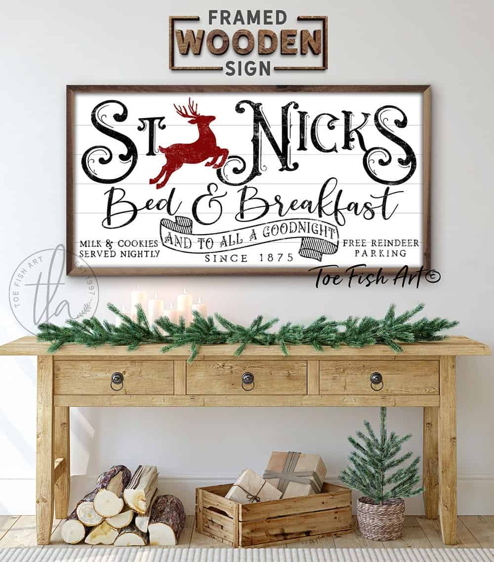 St. Nicks Bed & Breakfast Sign handmade by ToeFishArt. Original, custom, personalized wall decor signs. Canvas, Wood or Metal. Rustic modern farmhouse, cottagecore, vintage, retro, industrial, Americana, primitive, country, coastal, minimalist.