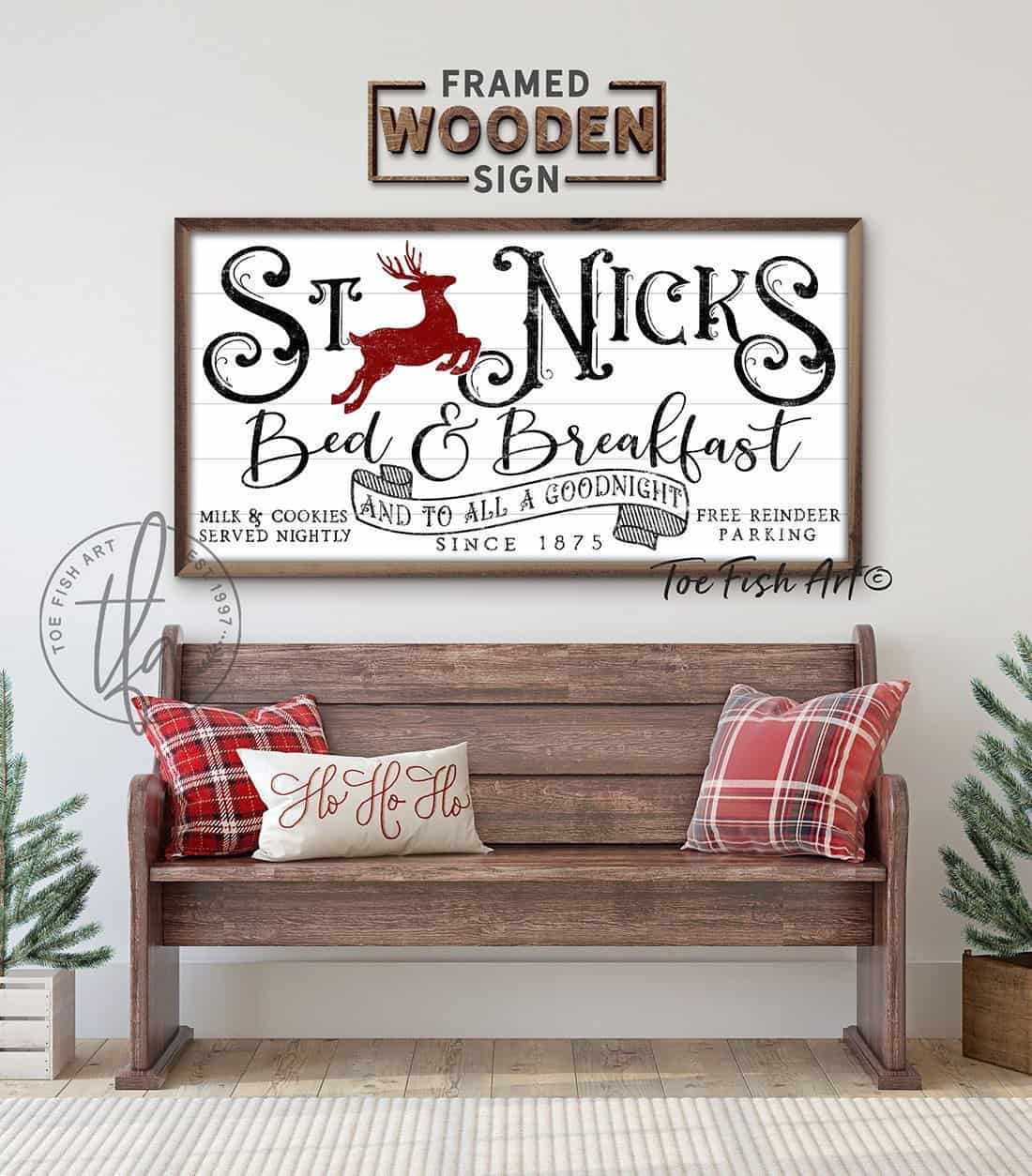 St. Nicks Bed & Breakfast Sign handmade by ToeFishArt. Original, custom, personalized wall decor signs. Canvas, Wood or Metal. Rustic modern farmhouse, cottagecore, vintage, retro, industrial, Americana, primitive, country, coastal, minimalist.