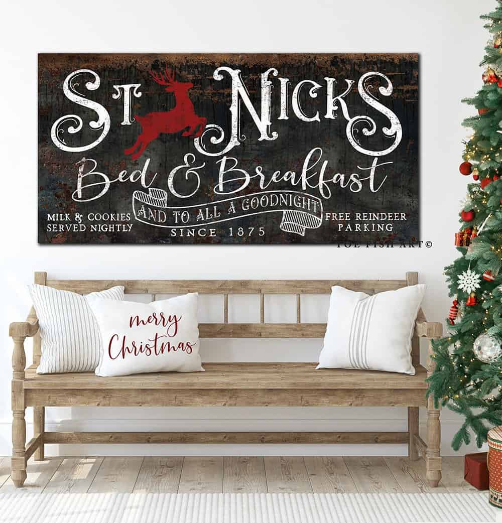 St. Nick's Bed & Breakfast Sign handmade by ToeFishArt. Original, custom, personalized wall decor signs. Canvas, Wood or Metal. Rustic modern farmhouse, cottagecore, vintage, retro, industrial, Americana, primitive, country, coastal, minimalist.