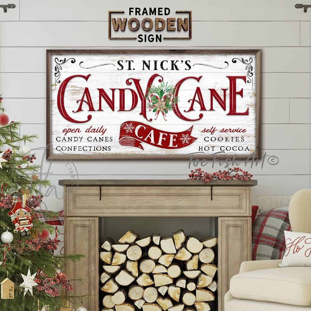 St. Nick's Candy Cane Café Framed Wood Sign Candy Canes Confections Cookies Hot Cooca handmade by ToeFishArt. Original, custom, personalized wall decor signs. Canvas, Wood or Metal. Rustic modern farmhouse, cottagecore, vintage, retro, industrial, Americana, primitive, country, coastal, minimalist.