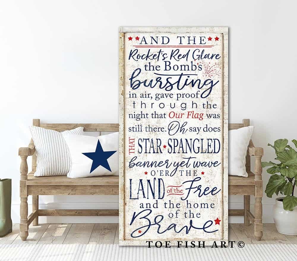 Star Spangled Banner Sign handmade by ToeFishArt. Original, custom, personalized wall decor signs. Canvas, Wood or Metal. Rustic modern farmhouse, cottagecore, vintage, retro, industrial, Americana, primitive, country, coastal, minimalist.