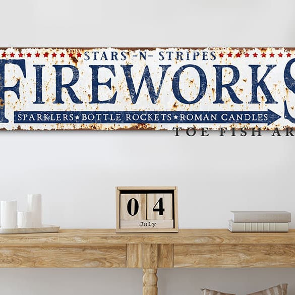Rustic Fireworks Stand Personalized Sign Family Name Stars-N-Stripes Open Daily