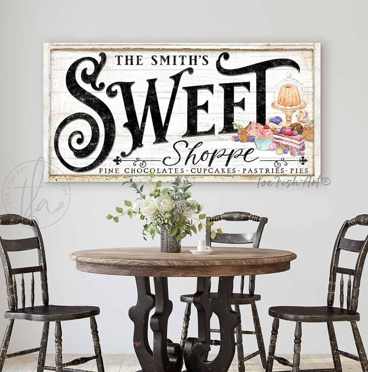 Sweet Shoppe Old Fashioned Candy Sign, Personalized Options, Cottage Farmhouse Style handmade by ToeFishArt. Original, custom, personalized wall decor signs. Canvas, Wood or Metal. Rustic modern farmhouse, cottagecore, vintage, retro, industrial, Americana, primitive, country, coastal, minimalist.