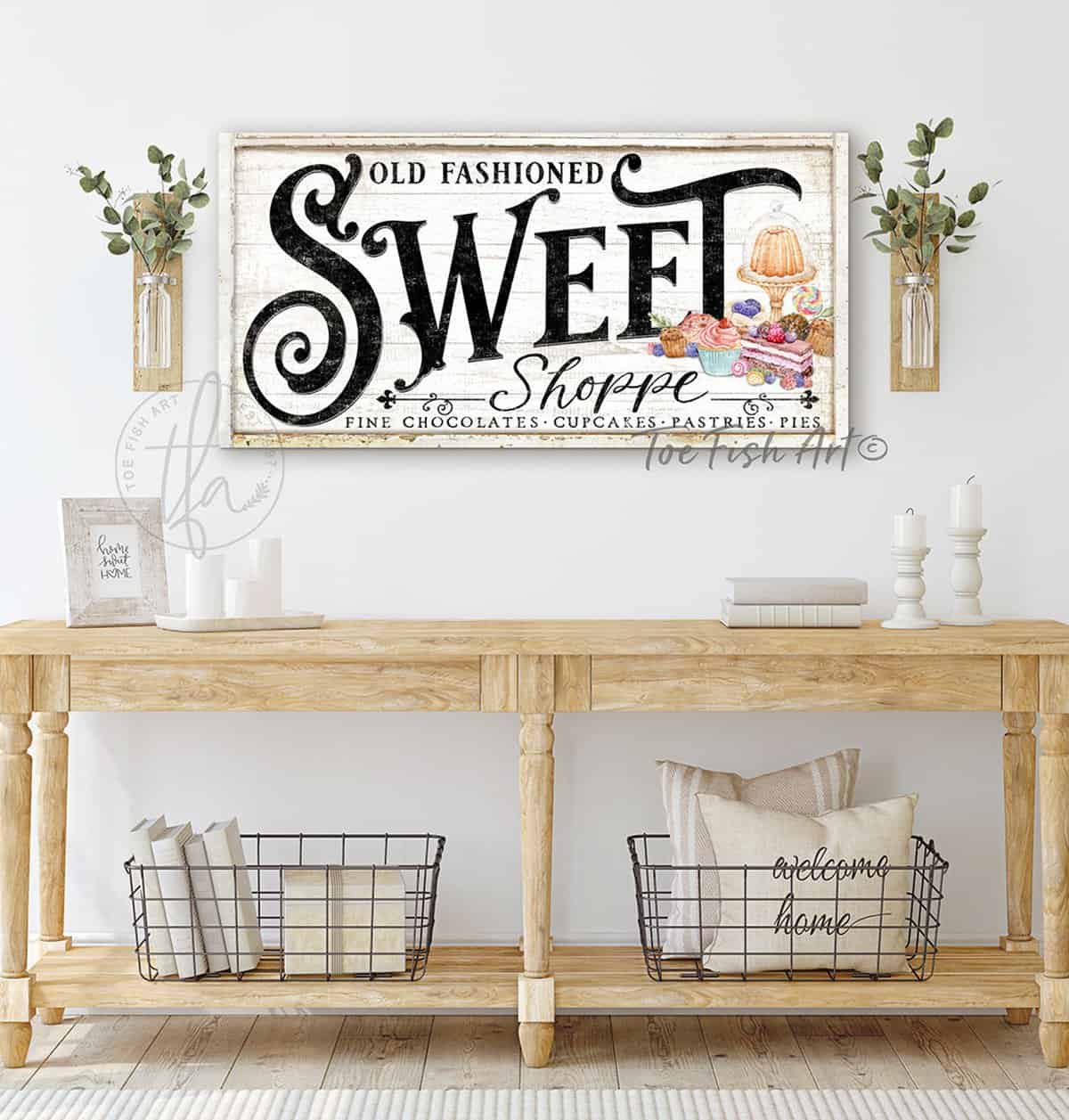 Sweet Shoppe Old Fashioned Candy Sign, Personalized Options, Cottage Farmhouse Style handmade by ToeFishArt. Original, custom, personalized wall decor signs. Canvas, Wood or Metal. Rustic modern farmhouse, cottagecore, vintage, retro, industrial, Americana, primitive, country, coastal, minimalist.